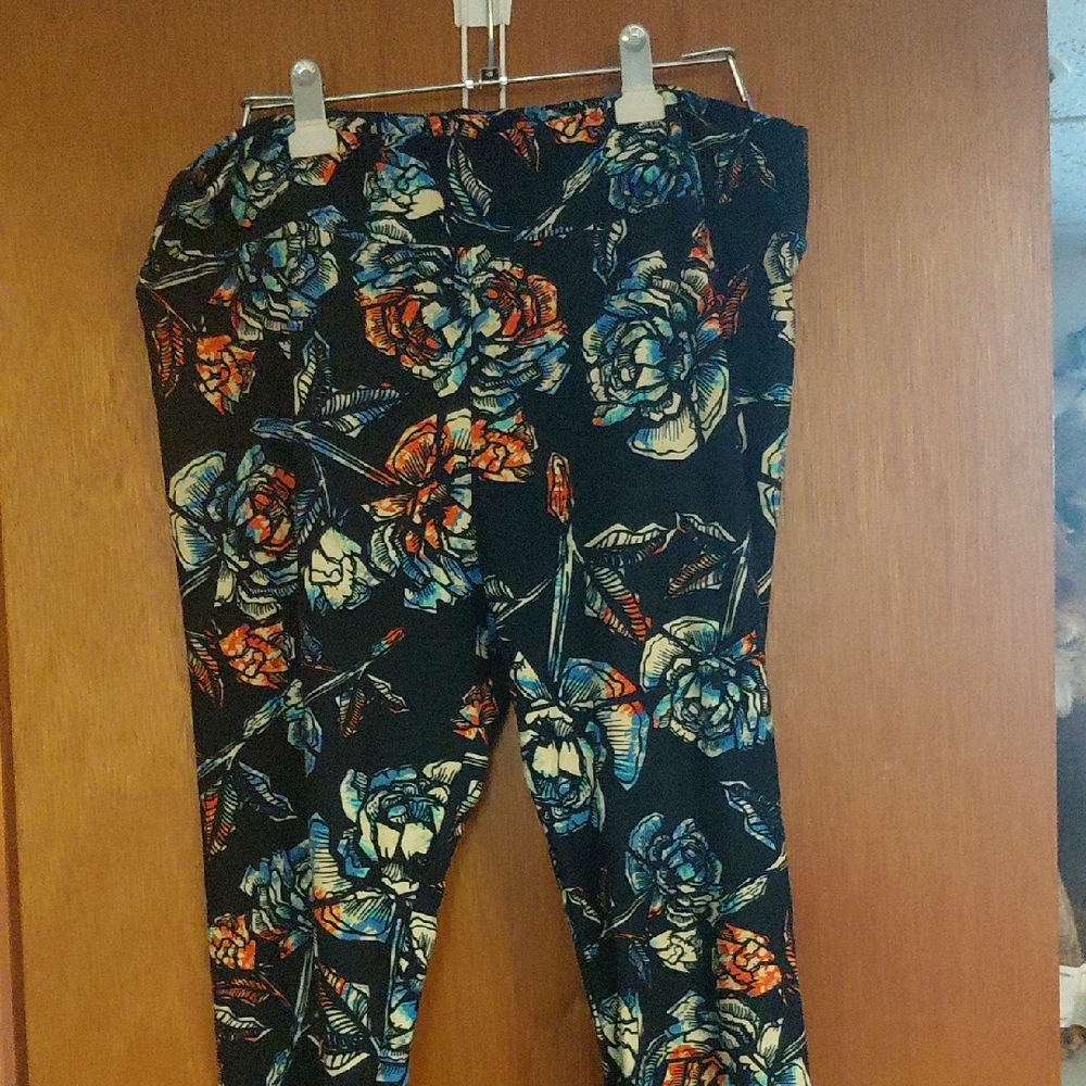 LuLaRoe Black Floral Wide-Leg Pants with Blue and Orange Accents